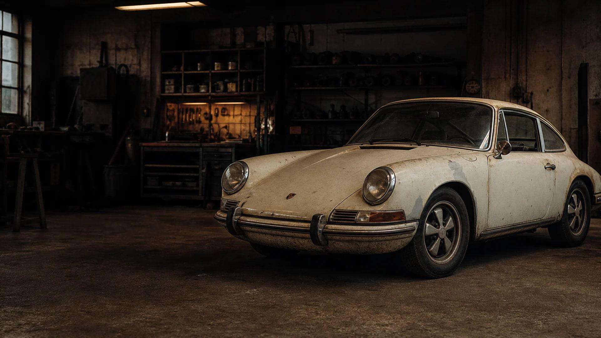 A weathered ivory classic sports coupe inside an old restoration workshop